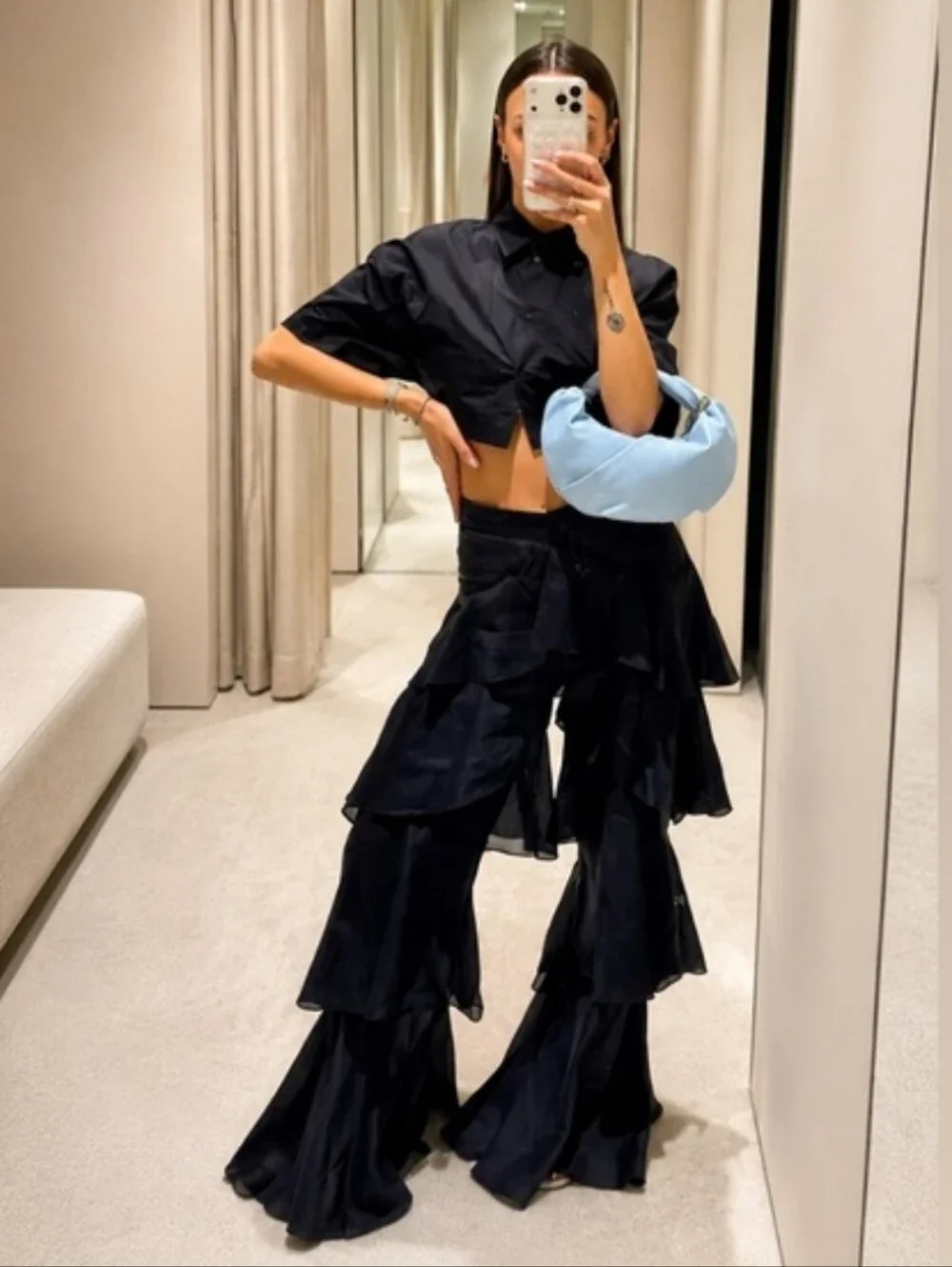 Zara Ruffled Pants Flowy Ramie  Black Size XS